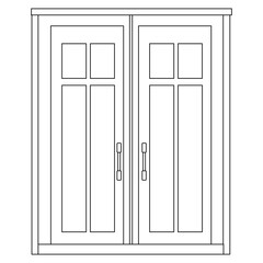 Double doors outline with glass windows isolated on white background. Clipart.