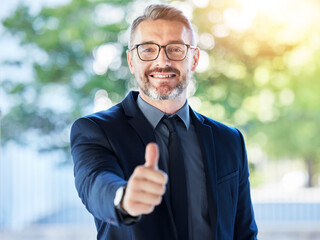 Business man, senior and thumbs up, support and agreement in portrait with smile, executive and...