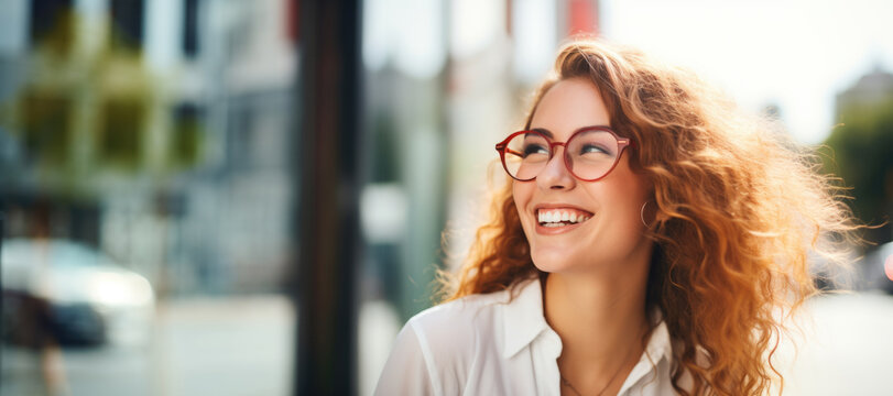  Portrait Of Happy Young Woman Wearing Glasses Outdoors