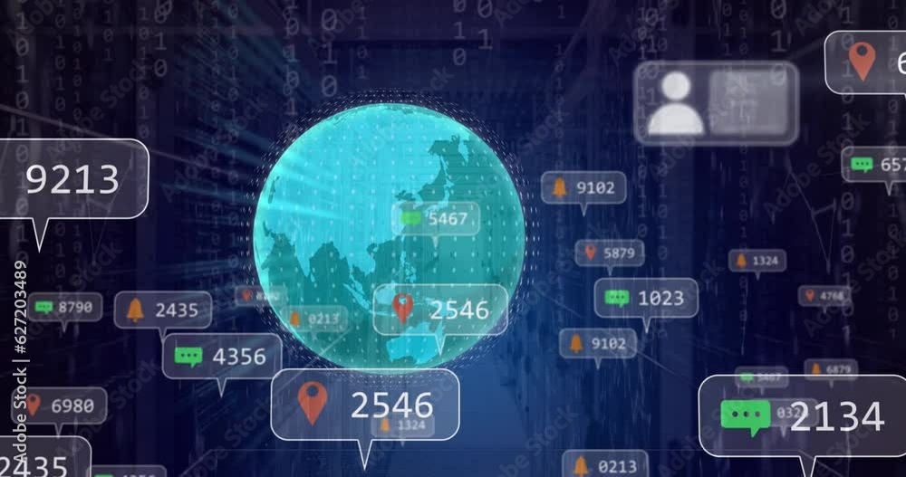 Poster animation of globe, binary coding and data processing over computer servers