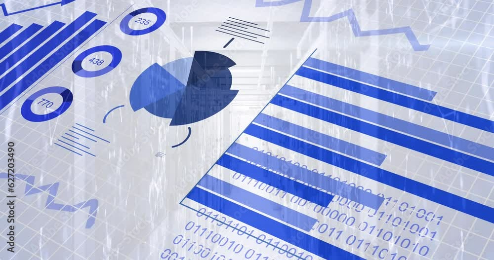 Poster animation of binary coding and financial data processing over computer servers