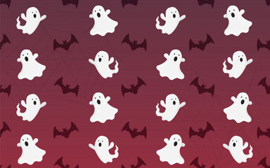 Halloween night background with white ghosts and bats