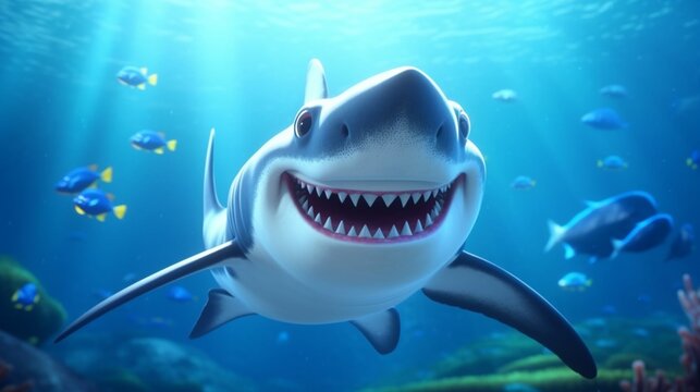 Cute Cartoon Shark Character Underwater in the Ocean. Generative AI