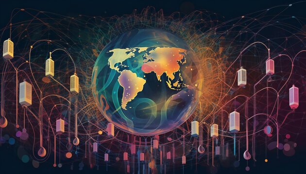 Concept that visualises podcasting as a global phenomenon, with an intricate network of interconnected microphones spanning across different continents. Podcast Day