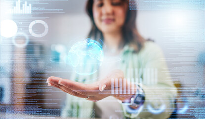 Business woman, hand and hologram earth for thinking, vision or chart for big data analysis, stats or stock market. Futuristic trading, 3D ux overlay and ideas for global financial growth at agency © JoshuAA/peopleimages.com
