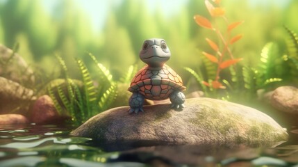 Cute Cartoon Turtle Sitting on a Rock next to a Pond. Generative AI