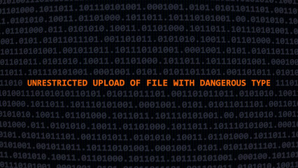 Screen of a cyber attack unrestricted upload of file with dangerous type vulnerability in text binary system ascii art style, dangerous file code on editor screen.
