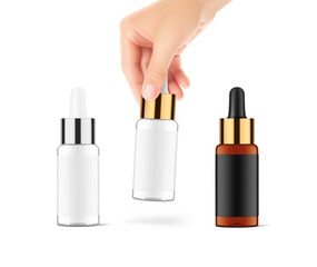 Realistic dropper bottle mockup with hand. Vector illustration isolated on white background. Сan be used for cosmetic, medical and other needs. EPS10.