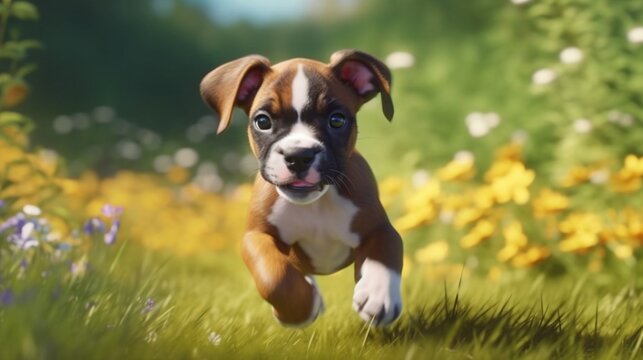 Cute Cartoon Boxer Puppy Running through a Meadow. Generative AI