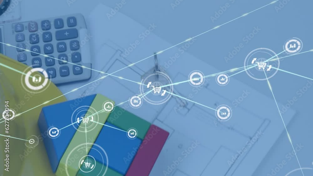 Poster animation of network of connections with icons over 3d house model and architects desk with plans
