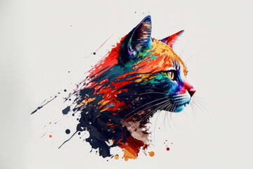 Psychedelic surreal colourful graphic cat minimal. Vivid hand drawn fashionable realistic cat. Colourful illustration trendy background for interior design