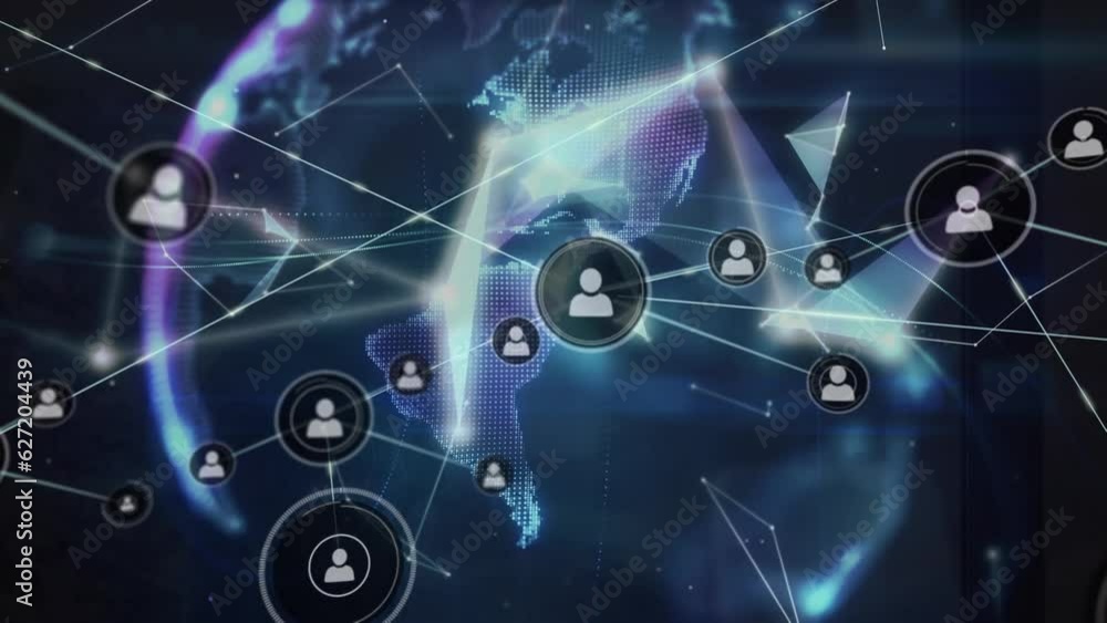 Poster animation of network of profile icons over globe of plexus networks spinning against blue background