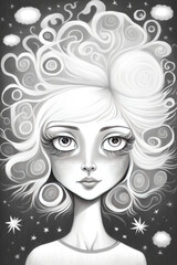 Abstract big eyed magical cosmic quirky women face digital painting illustration. Fashionable monochrome portrait. Stylish contemporary artwork, minimal, modern trendy print