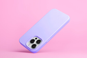 smart phone in purple soft silicone case falls down back view, iPhone 15 and 14 Pro Max case mockup...