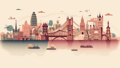 Illustration of diverse landmarks from different countries connected by bridges