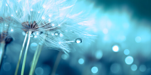 Dandelion Seeds in droplets of water on blue and turquoise beautiful background with soft focus in nature macro. Drops of dew sparkle on dandelion in rays of light