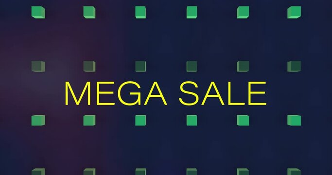 Animation of mega sale text over cubes on black background