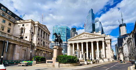 City of London with Royal Exchange and Wellington Statue at Bank Junction - England, UK - 627205247
