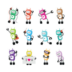 Funny and cute robot in different positions