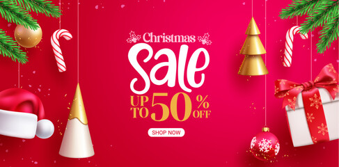Christmas sale text vector banner design. Christmas discount promo offer with xmas elements and ornaments for holiday seasonal background. Vector illustration shopping promotion banner.  