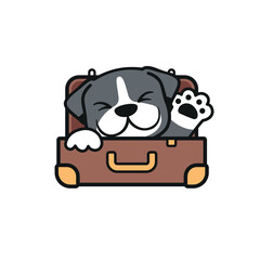 Traveling with dogs. Cute dog inside travel suitcase. Coloured Vector Logo
