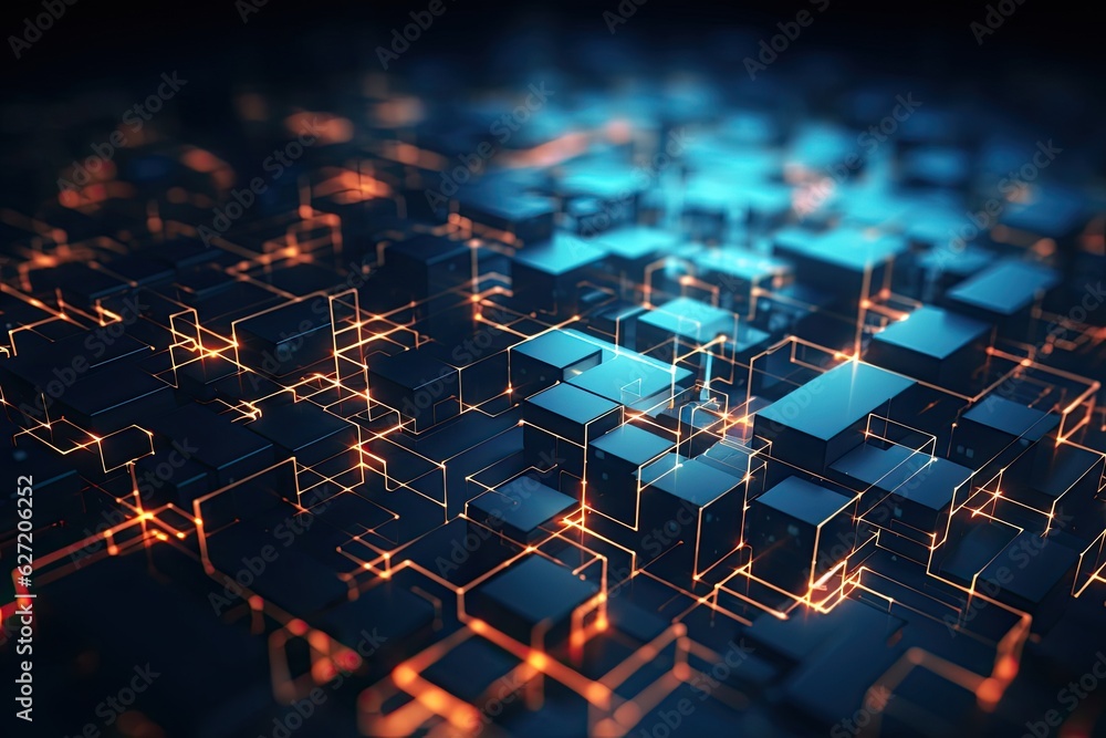 Poster abstract technological background with glowing lines and cubes. 3d rendering, 3d rendering of abstra