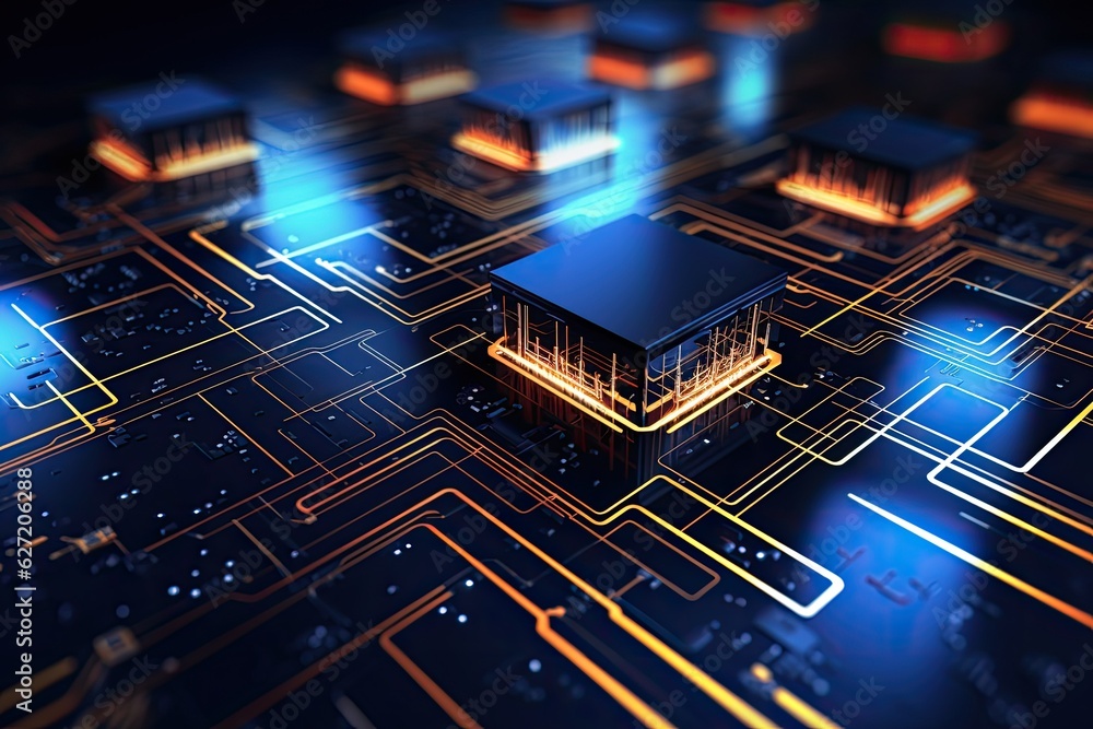 Poster circuit board with microchips and electronic components. 3d rendering, 3d rendering of abstract tech