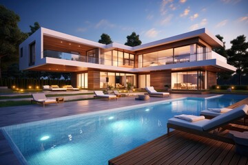 Fototapeta premium 3d rendering of modern cozy house with pool and parking for sale or rent in luxurious style. Clear summer night with many stars on the sky. modern house terrace with swimming pool, AI Generated