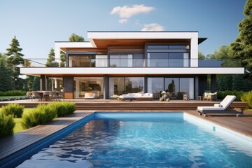 Fototapeta premium 3d rendering of modern cozy house with pool and parking for sale in luxurious style. Clear sunny summer day with blue sky. 3d rendering of a modern house terrace with swimming pool, AI Generated