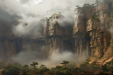 Foto auf Acrylglas Huang Shan Landscape of sandstone cliffs in the national park of kenya, as seen from the corrupted desert lands below, a low cloud layer obscures the ground , AI Generated