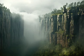 Photo sur Plexiglas Monts Huang The Zhangjiajie National Forest Park, Hunan Province, China, tall cliff face topped with a dense tall forest, the corrupted desert lands below, a low cloud layer obscures the ground, AI Generated