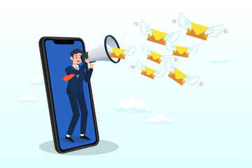 Businessman on mobile phone using megaphone to send flying email newsletter online, email marketing campaign, subscription newsletter or online announcement to customer, digital advertising (Vector)