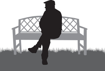 Black silhouette of man sitting on a bench	 - 627206471