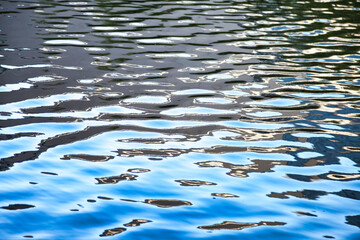 Fototapeta na wymiar Creative water surface backgrounds for design wallpaper, full frame. Abstract background of fresh water on pond, ripple effect. Textured backdrop, light and shadow. Create concept. Copy ad text space