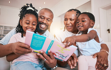 Education, happy kids or grandparents reading book for learning, child development or bonding at home. Grandmother, black family or grandfather storytelling with children with love, smile and support