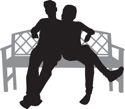 Black silhouettes of peopley sitting on a bench.	
