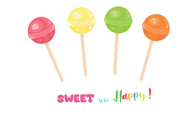 Sweet lollipop vector set. Colorful striped lollipops with various spiral and ray patterns. Multicolored round candy on stick vector illustration in cartoon style isolated on white.