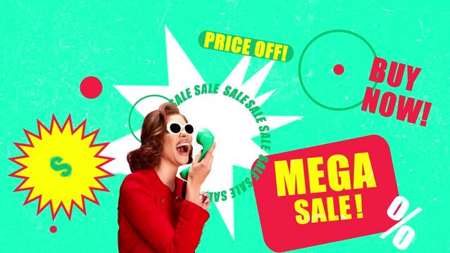 Contemporary art. Stylish, beautiful, happy young woman shouting in phone, talking about mega sales in stores. Stop motion, animation. Concept of shopping, sales, Black Friday, creativity. Banner, ad