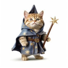 A Munchkin Cat (Felis catus) in a wizard's outfit, with a tiny wand and starry cape. - obrazy, fototapety, plakaty
