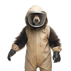 A Sloth Bear (Melursus ursinus) in a beekeeper's outfit and mask.