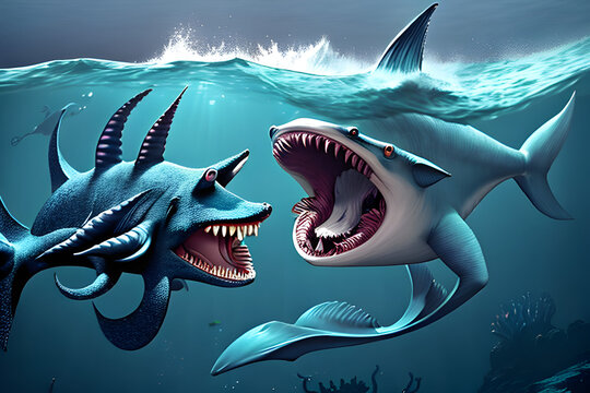 sea monseter and shark in the sea.generative ai,