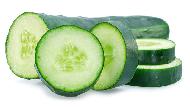 Raw cucumber and cucumber slices isolated on white background.