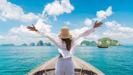 Happy traveler woman on boat joy fun nature panoramic view group of small island Andaman sea Krabi, Freedom adventure travel Phuket Thailand summer holiday vacation trips, Tourism destination Asia © day2505