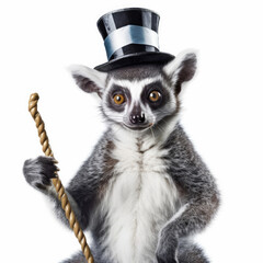 A Lemur (Lemuridae) with a ringmaster's hat and whip.