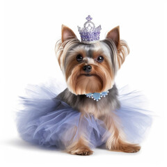 A Yorkshire Terrier (Canis lupus familiaris) in a tutu, ballet slippers, and a tiara.