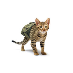A Ocicat (Felis catus) in a hunter's outfit, stalking a tiny toy mouse.