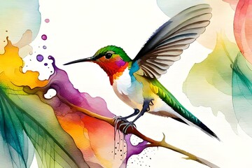 Splash and multi colour art of hummingbird on white background, by generative Ai technology 