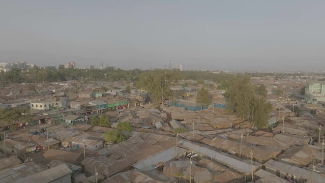 Drone stock footage of roofs in Kibera slums Nairobi