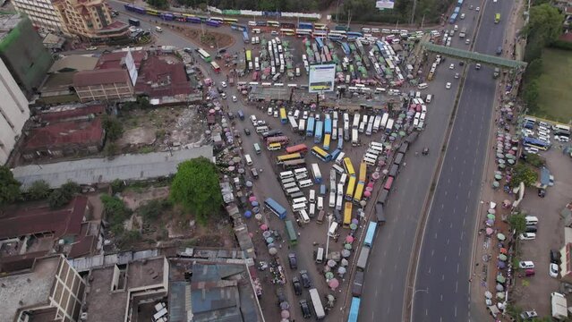 Aerial drone footage of Ngara matatu bus stop in Nairobi, Kenya