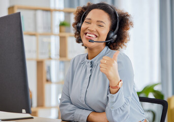 Callcenter, portrait and happy woman at help desk with thumbs up for advice, sales and...